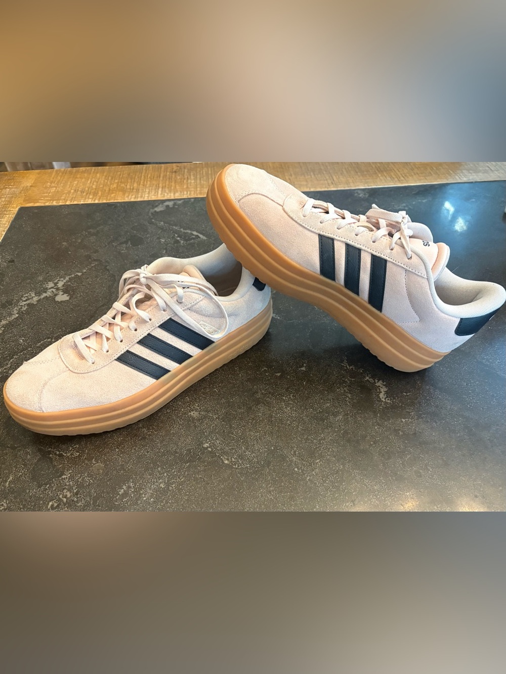 Adidas Women’s Suede Platform Sneakers in Light Pink with Black Stripes